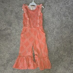 Matilda Jane Girls Coral Pink Diamond Print Ruffle Jumpsuit Size 6 Wide Leg